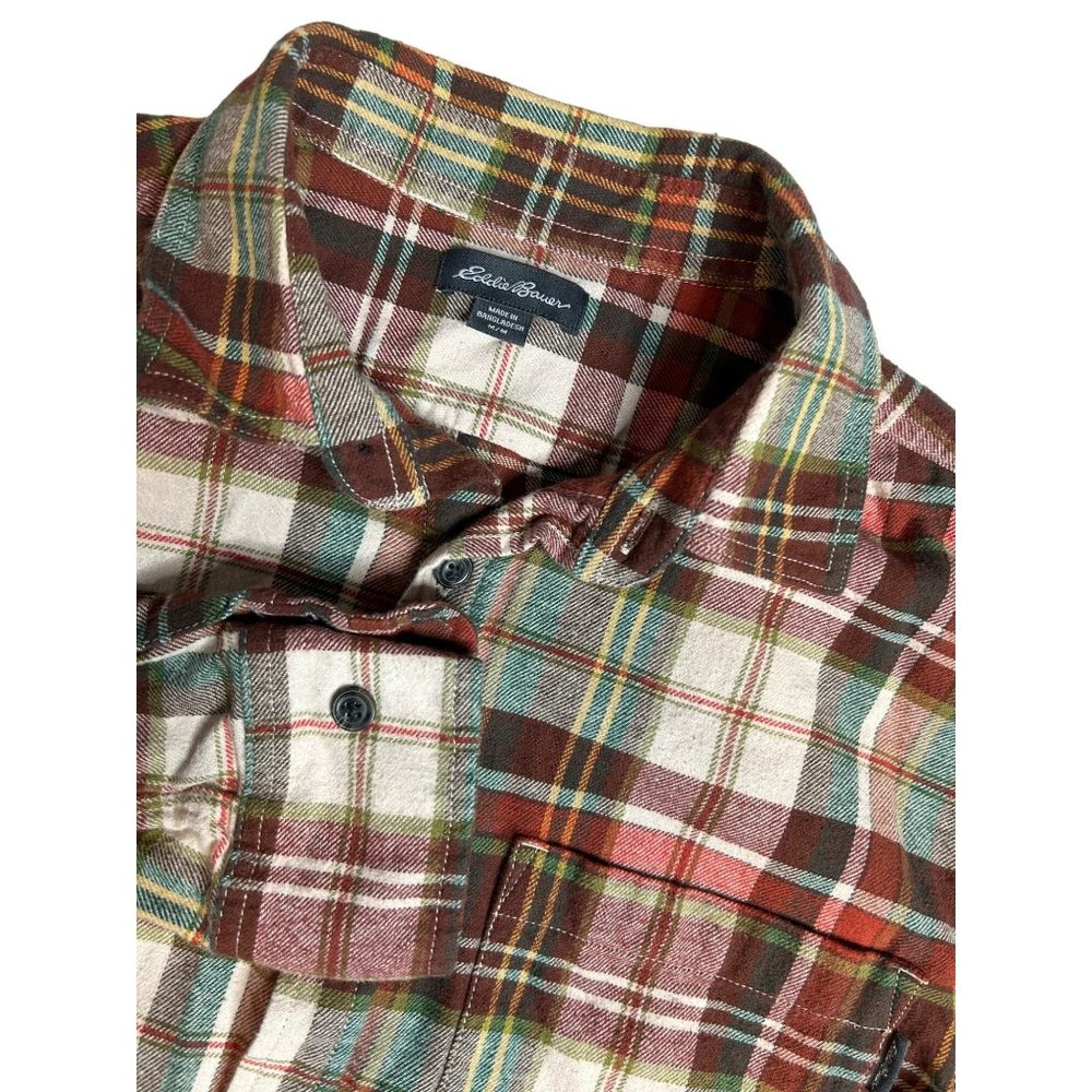 Eddie Bauer Mens Brown Plaid Flannel Size Medium Long Sleeve Button‎ Up
